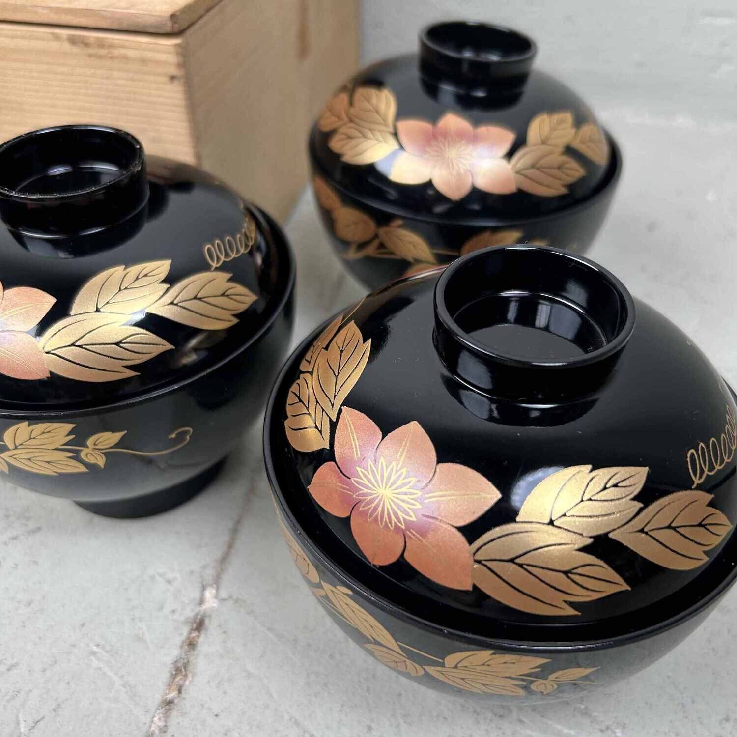 Set of 10 Japanese Lacquerware Rice Bowls (漆器のお椀)