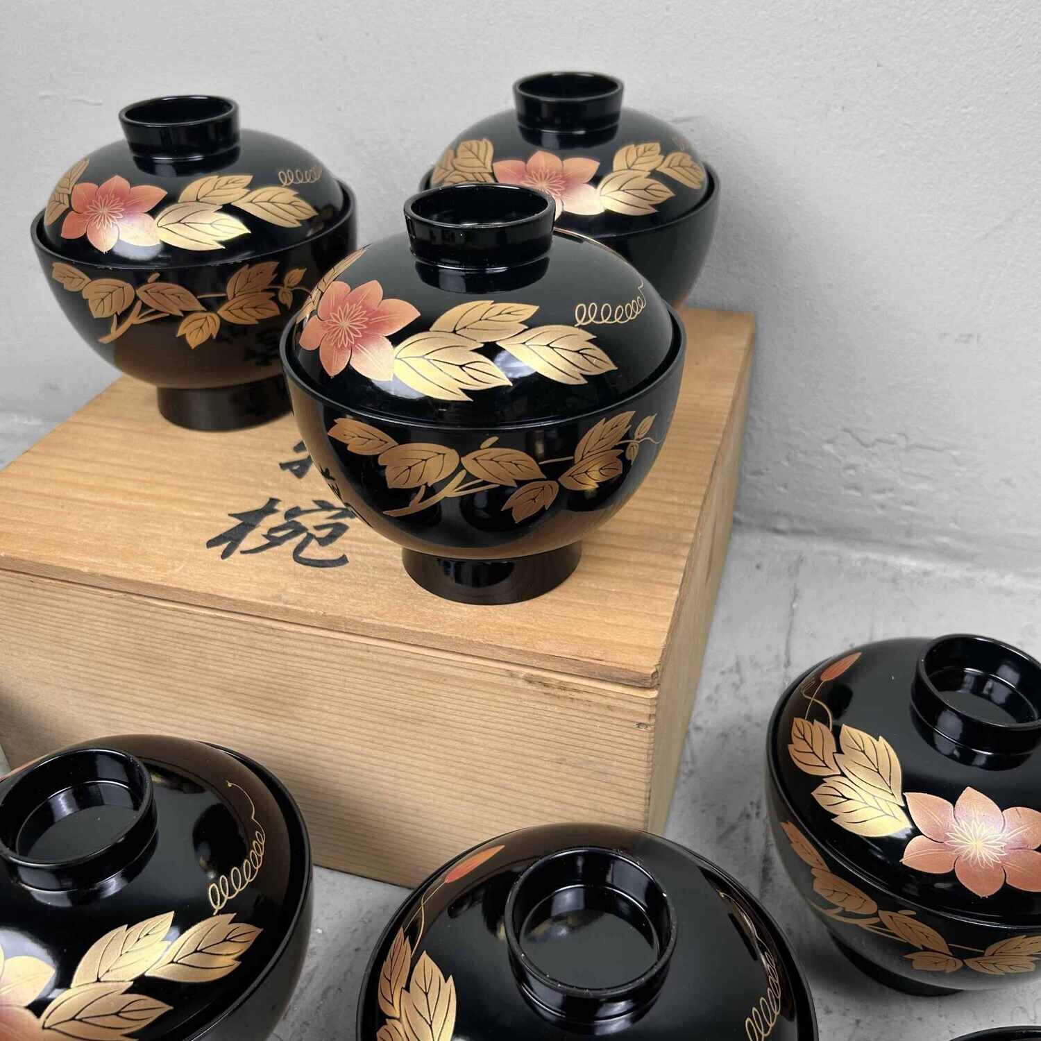 Set of 10 Japanese Lacquerware Rice Bowls (漆器のお椀)