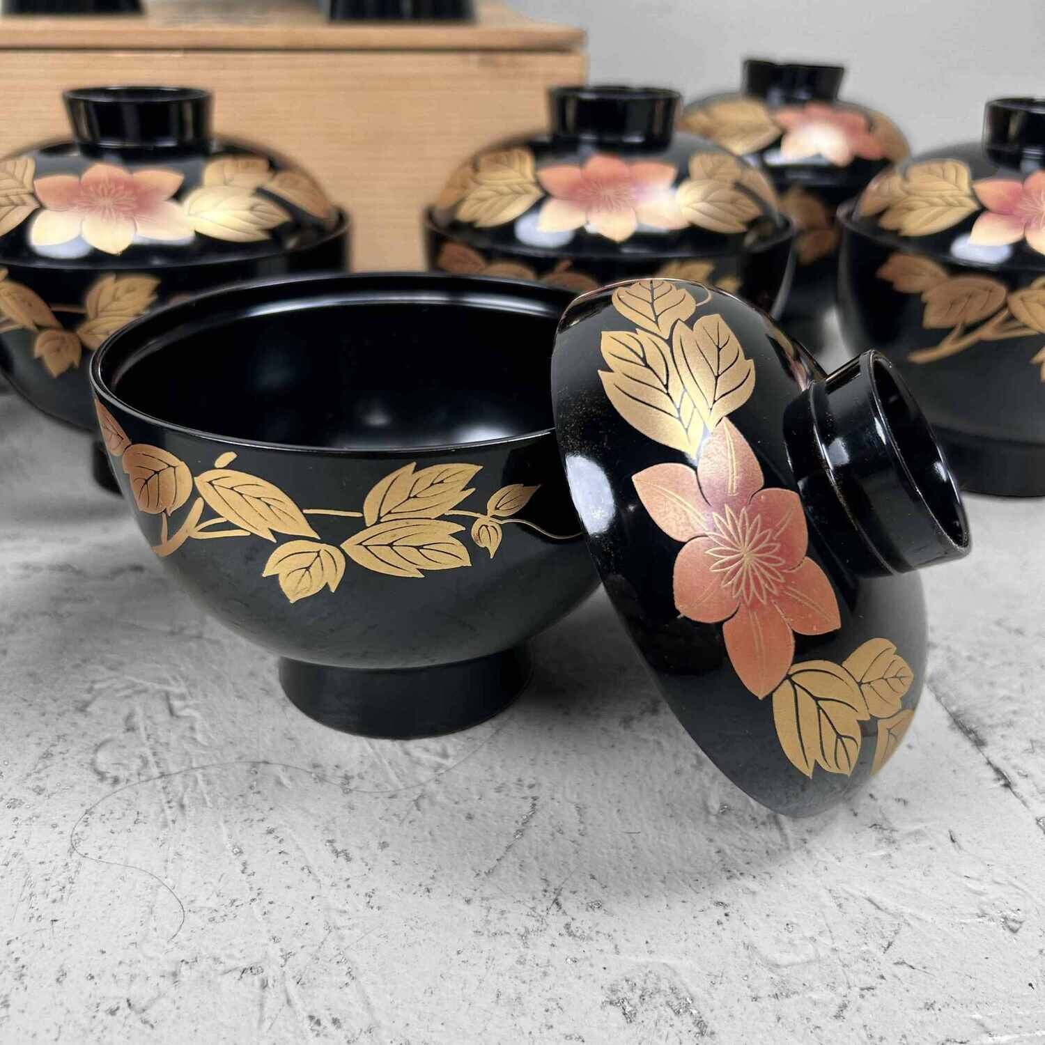 Set of 10 Japanese Lacquerware Rice Bowls (漆器のお椀)