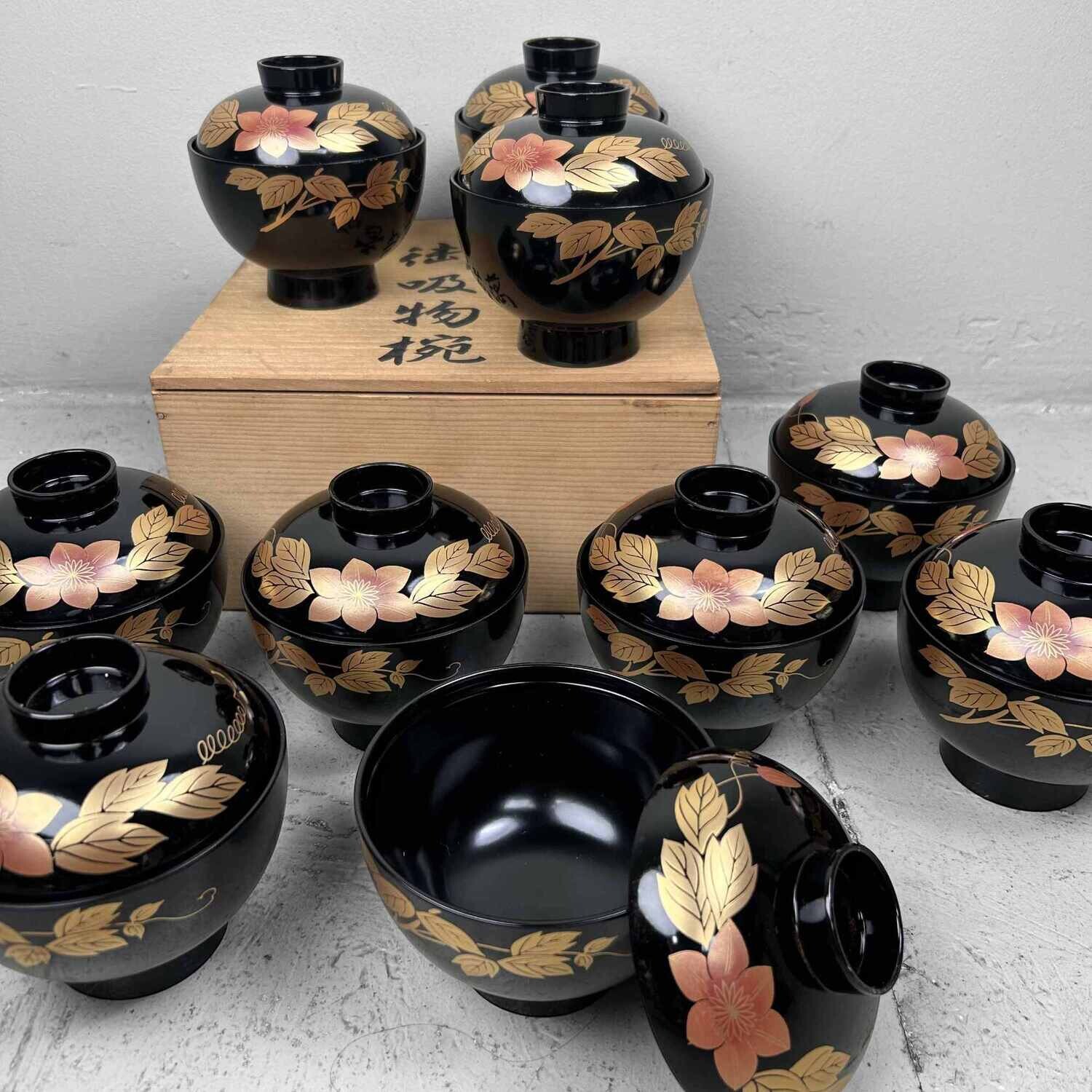Set of 10 Japanese Lacquerware Rice Bowls (漆器のお椀)