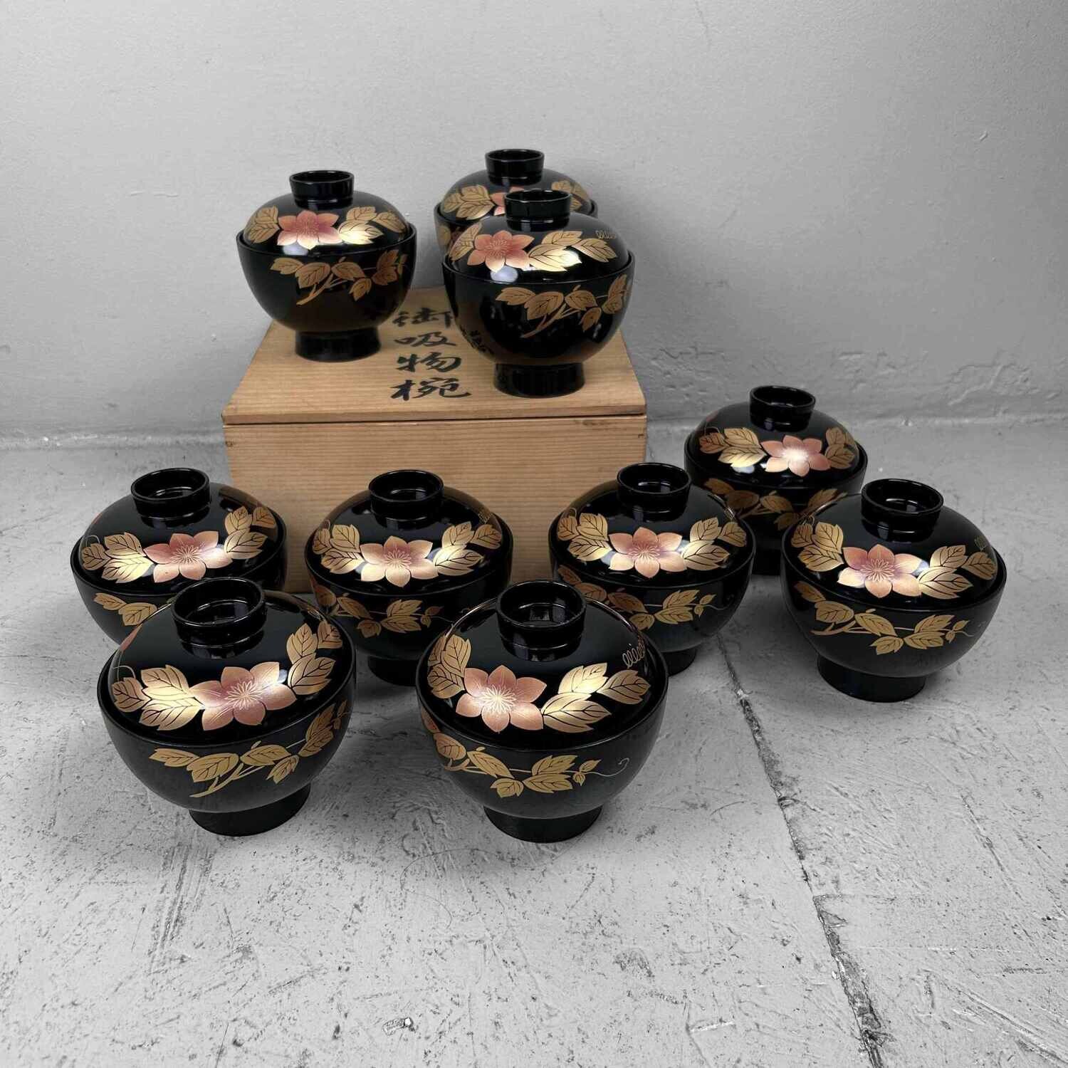 Set of 10 Japanese Lacquerware Rice Bowls (漆器のお椀)