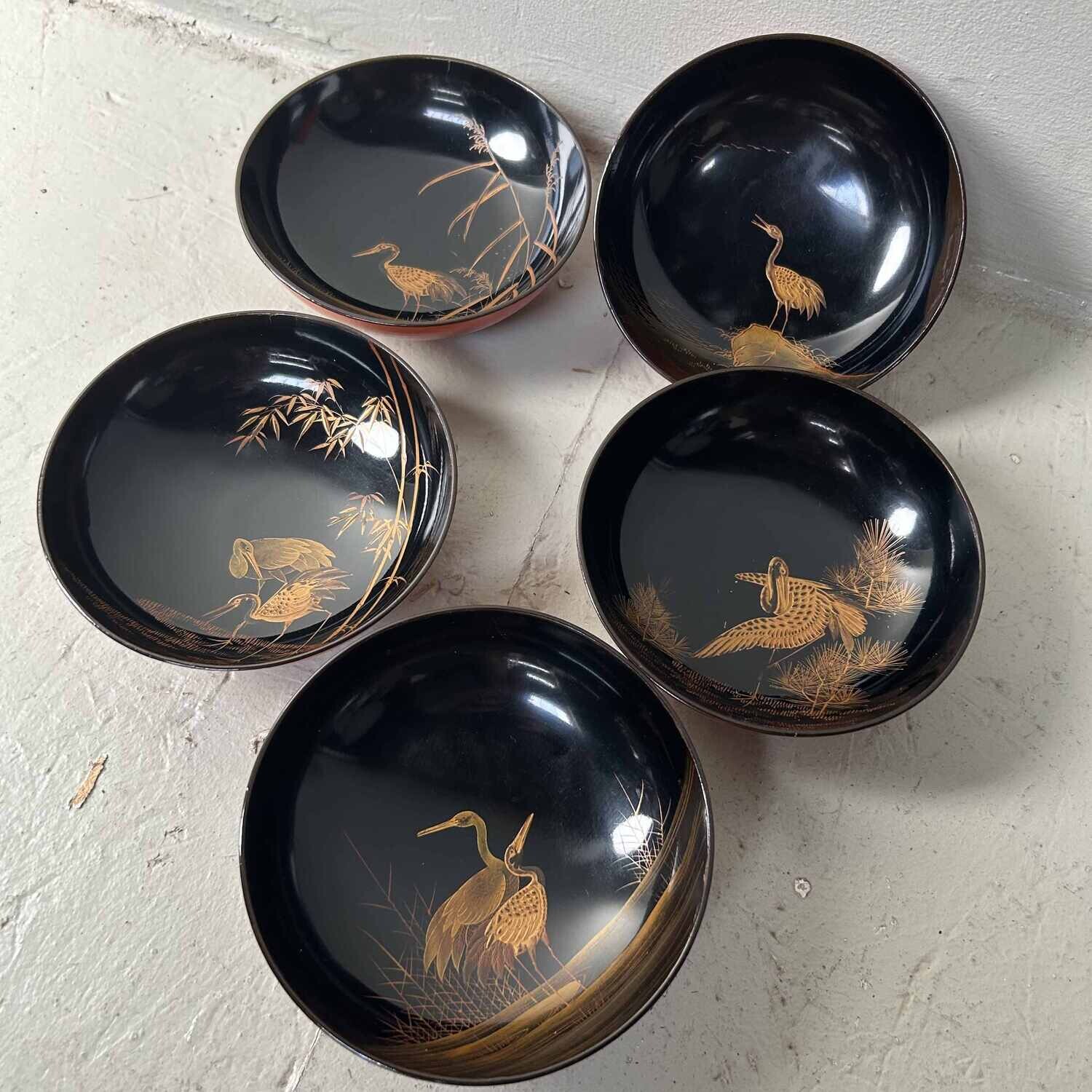 Set (5) Antieke Urushi Maki-e Owan (お椀) Meiji-periode