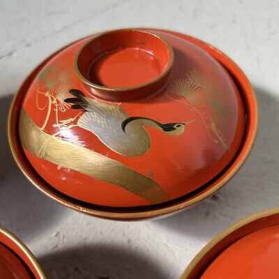 Set (5) Urushi Maki-e Rijstkommen 'Kraanvogel' Japan (1912-1926)