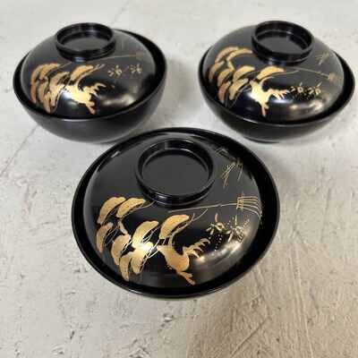 Set of (3) Urushi Maki-e Rice Bowls, Japan (1912-1926)
