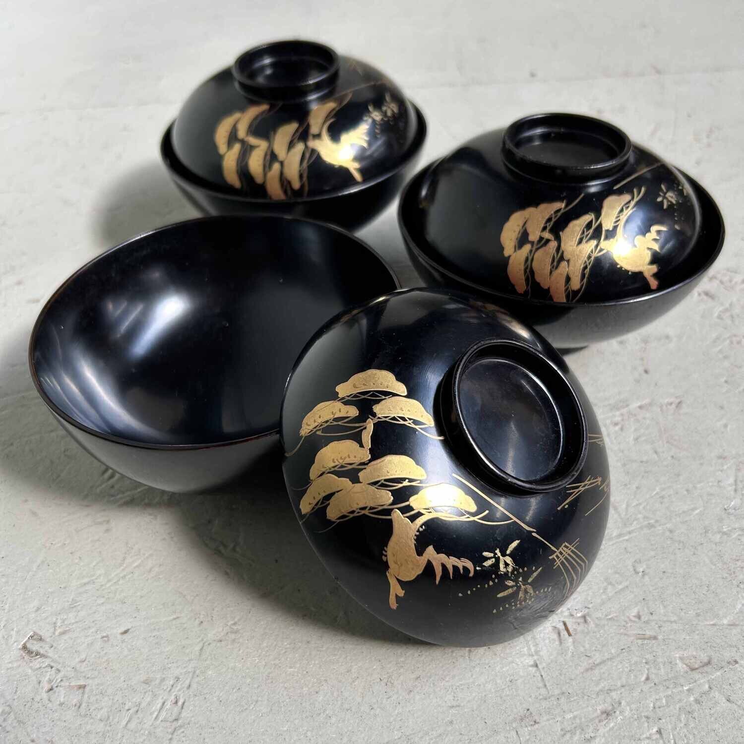Set of (3) Urushi Maki-e Rice Bowls, Japan (1912-1926)