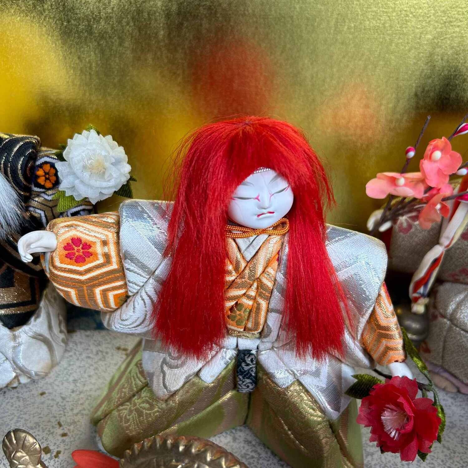 Etalagekast met Japanse Renjishi Kabuki Ceremonie poppen jaren '50.