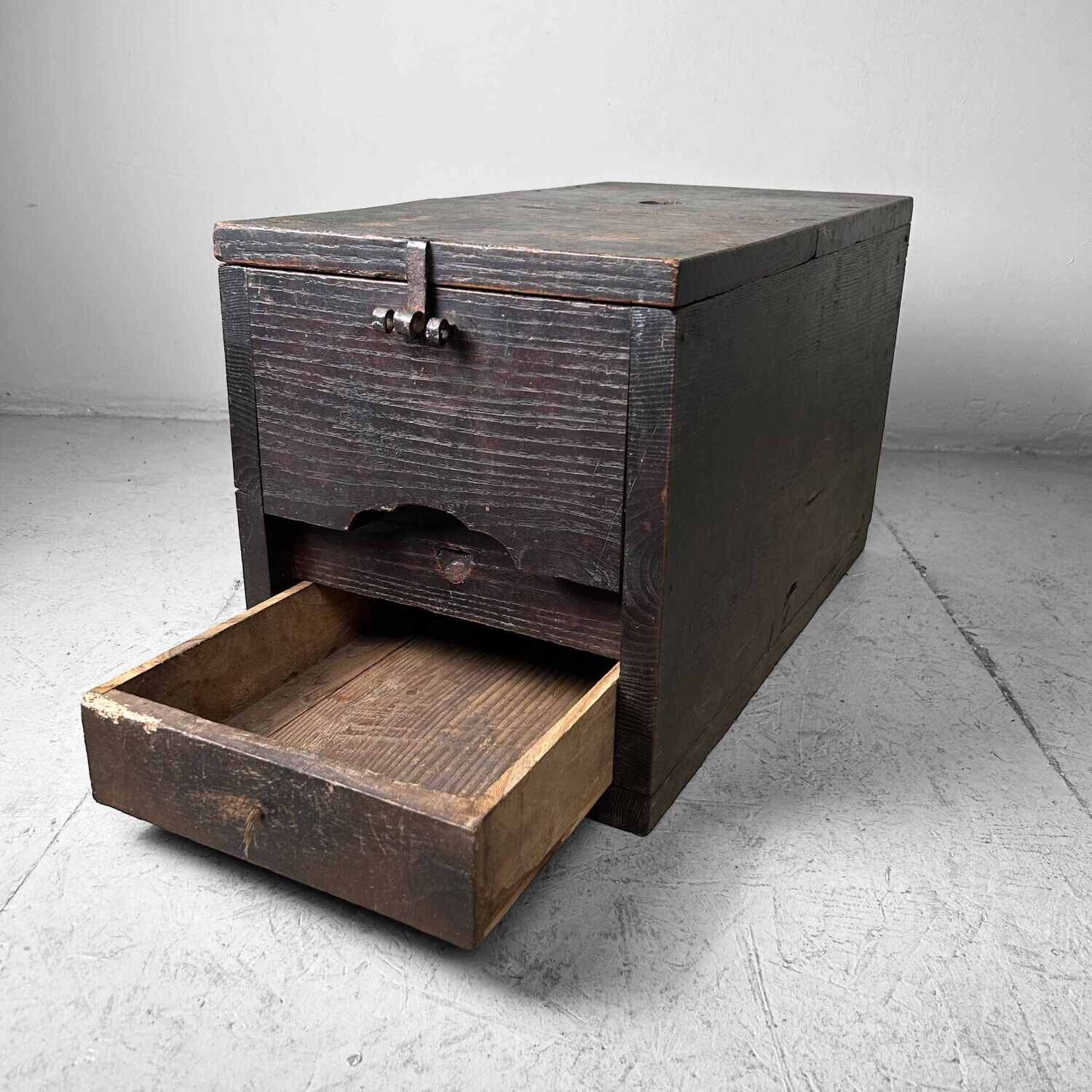 Antique Wooden Zenibako Temple Offering Box, Meiji Period, Japan.