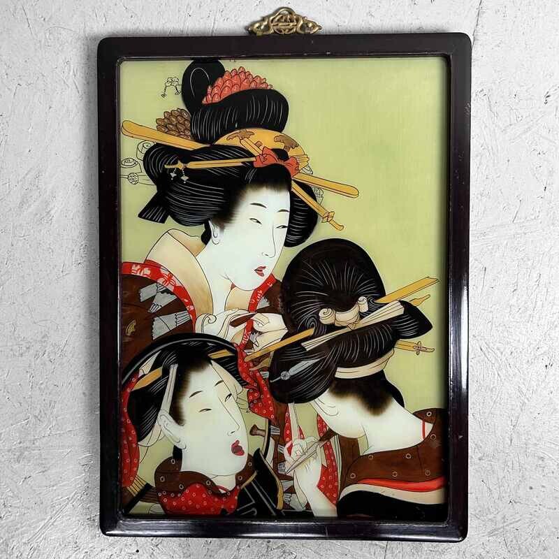 Ukiyo-e Reversed Glass Painting 'Geisha Makeup Ritual,' Early Shōwa Era.