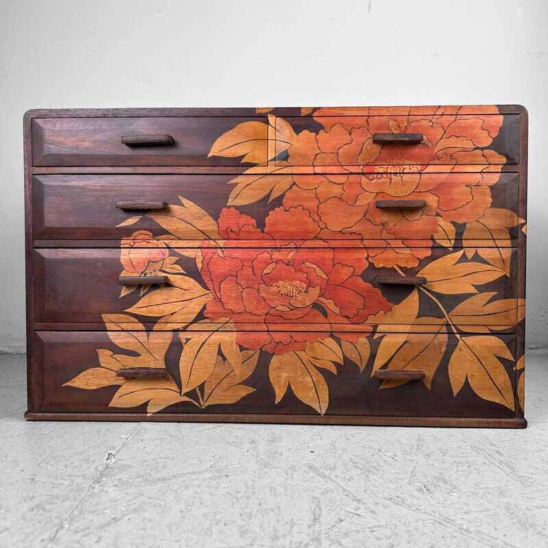 Japanese Low Chest of Drawers with Floral Decoration, Shōwa era.