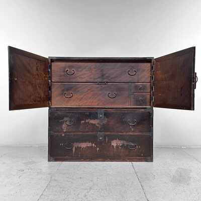 Two-Piece Lacquer Drawer Chest Japanese Tansu, Meiji Period.