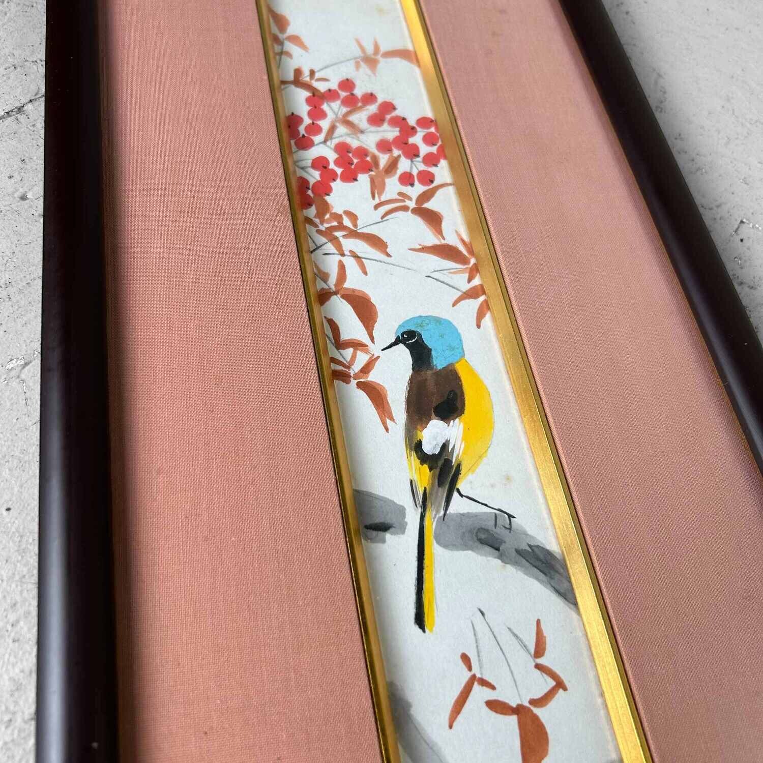 Japanse Aquarel Muurdecoratie 'Vogel met Bessen', Taishō periode.