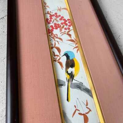 Japanese Watercolor Wall Decoration 'Bird with Berries,' Taishō period.