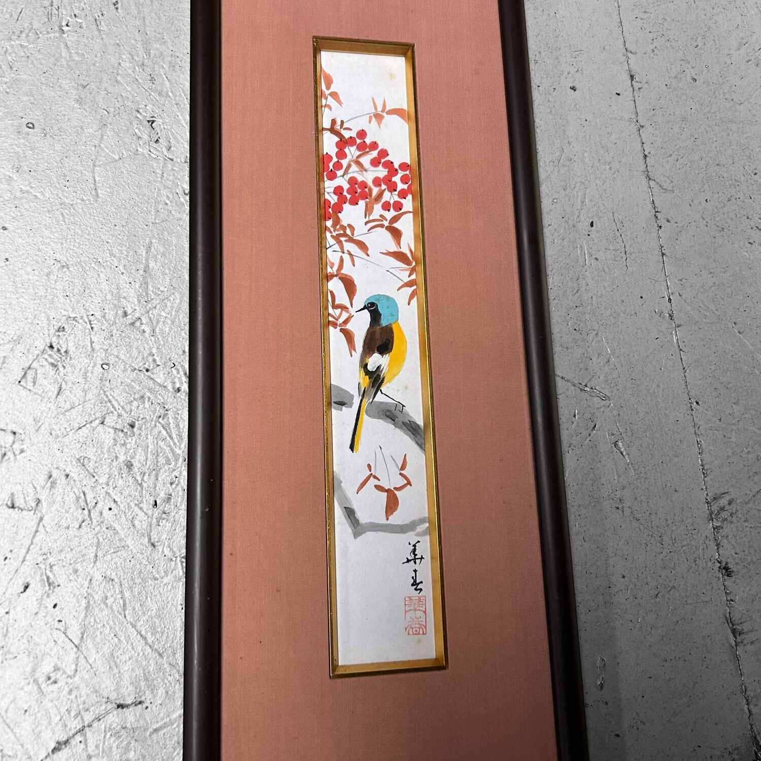 Japanse Aquarel Muurdecoratie 'Vogel met Bessen', Taishō periode.