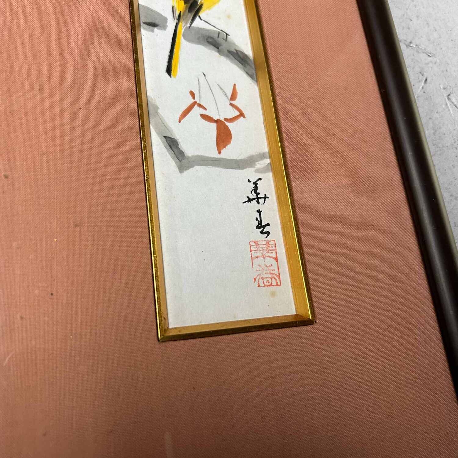 Japanse Aquarel Muurdecoratie 'Vogel met Bessen', Taishō periode.