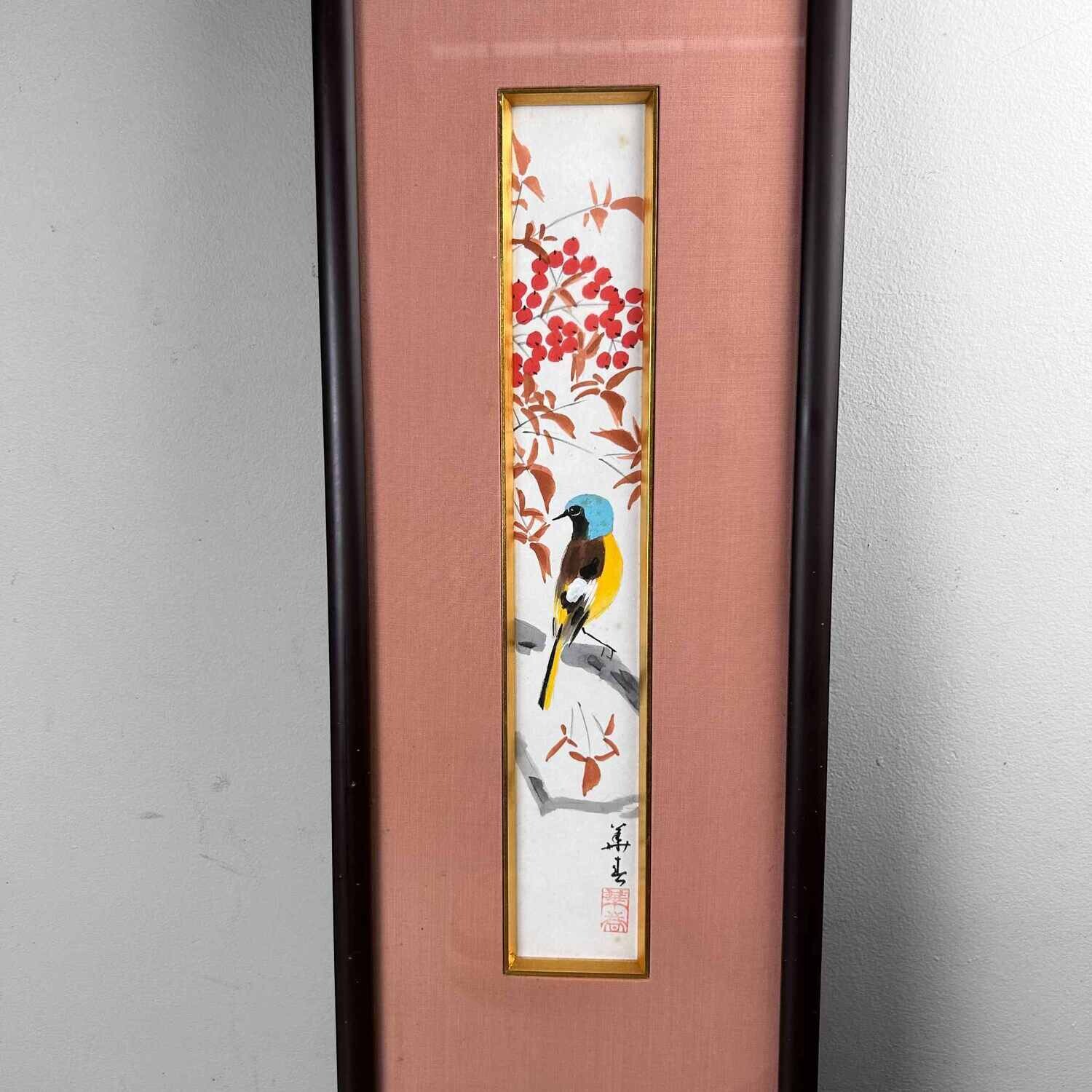 Japanse Aquarel Muurdecoratie 'Vogel met Bessen', Taishō periode.