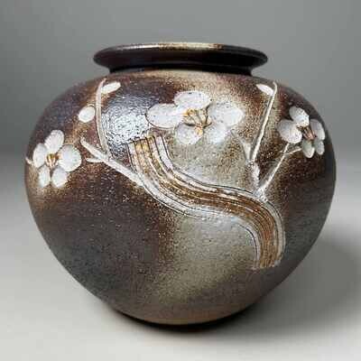 Shigaraki Ikebana "Plum Blossom" Flower Vase, Tomiyo, Japan.