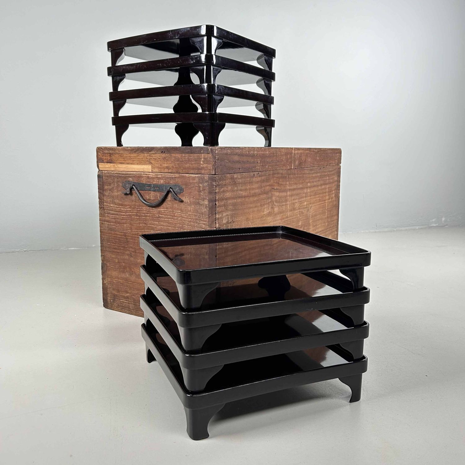 Set of (8) Traditional Lacquered Serving Tables, Meiji Period, Japan.