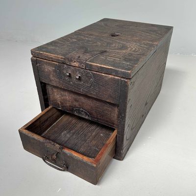 Antique Wooden Zenibako Temple Offering Box, Meiji Period, Japan.
