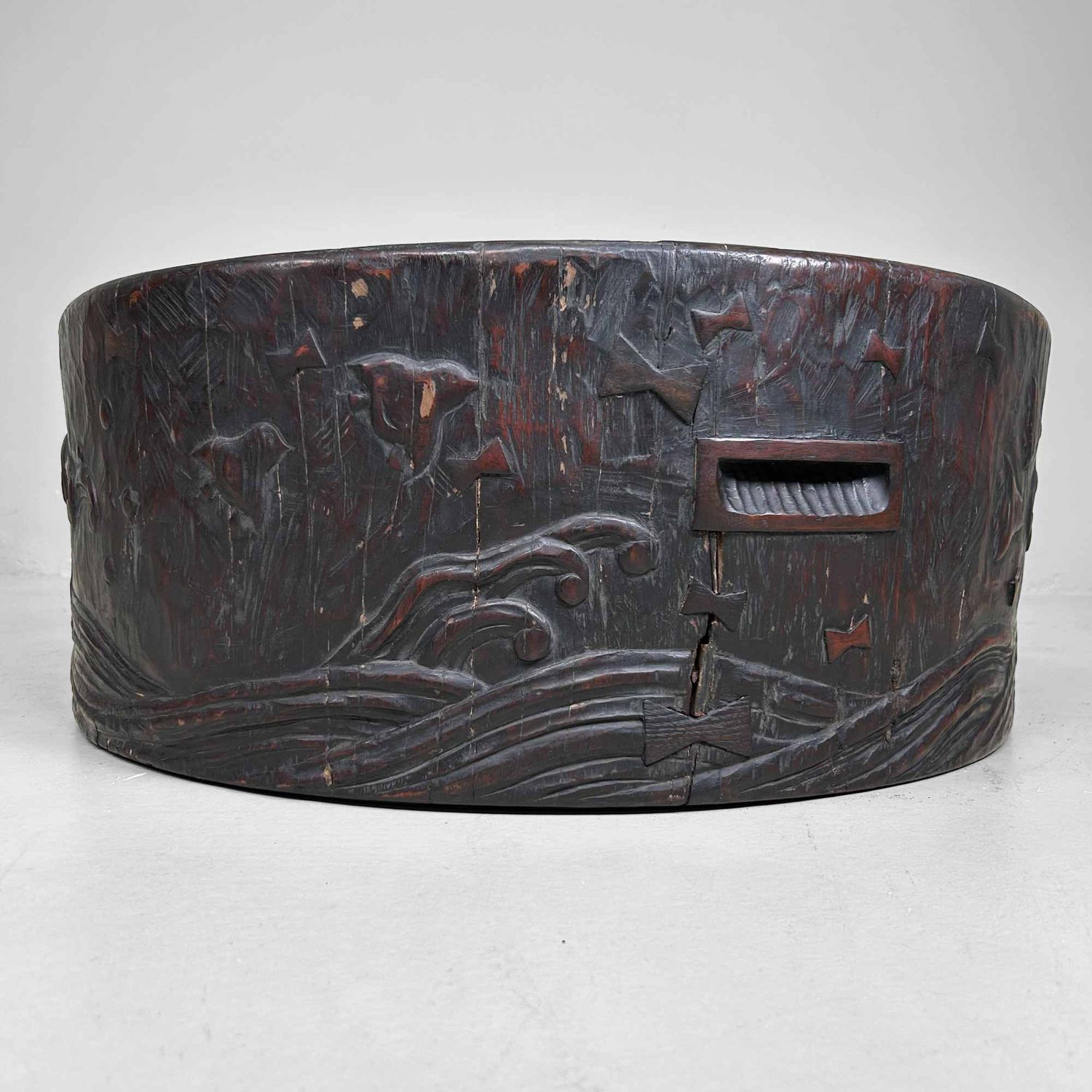 Large Wood Carved Antique Hibachi, Meiji Period, Japan.