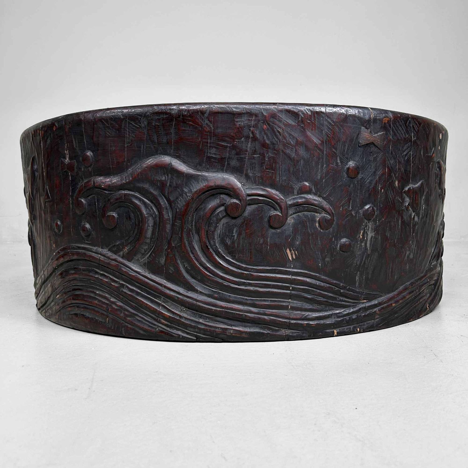 Large Wood Carved Antique Hibachi, Meiji Period, Japan.