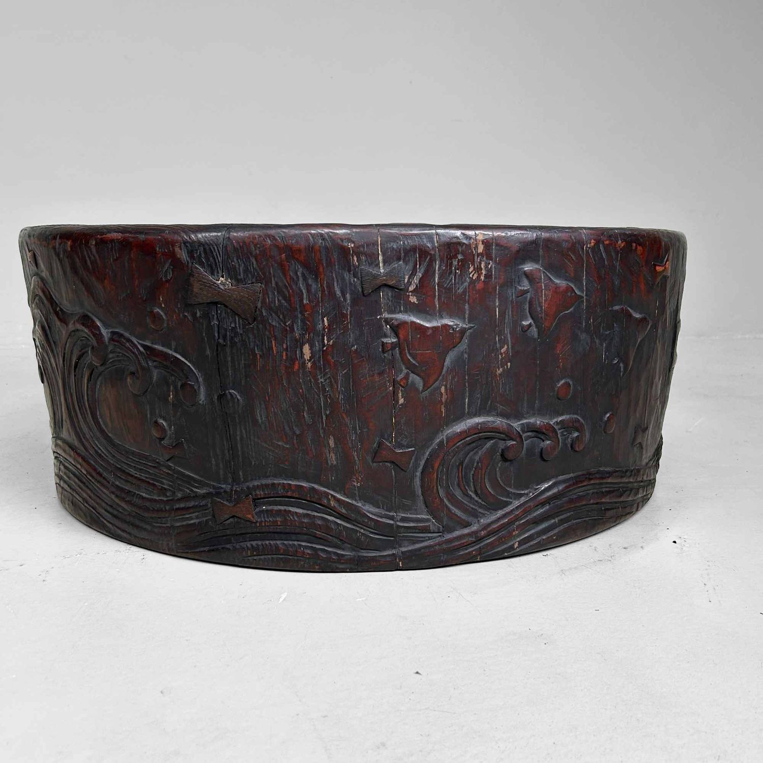 Large Wood Carved Antique Hibachi, Meiji Period, Japan.