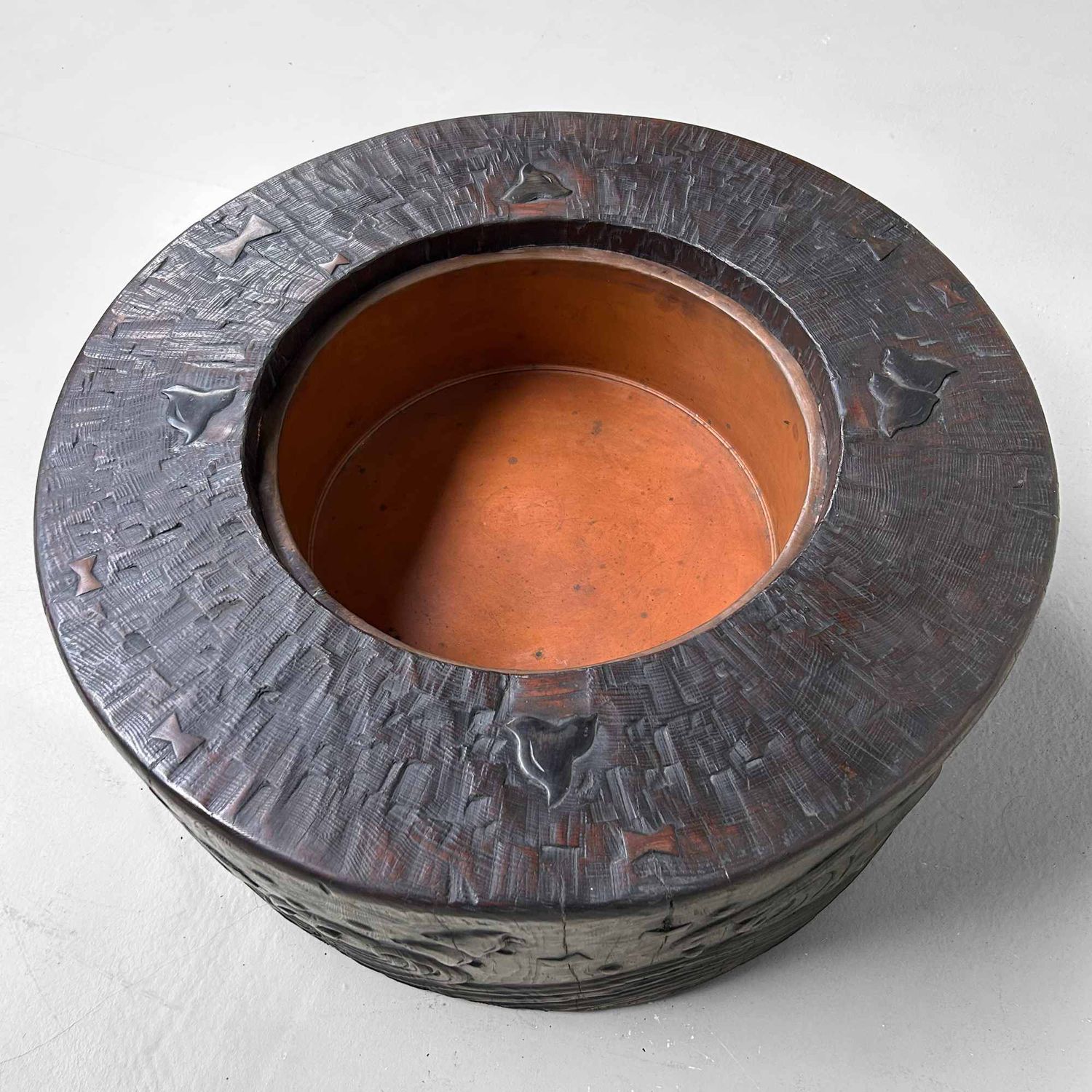 Large Wood Carved Antique Hibachi, Meiji Period, Japan.