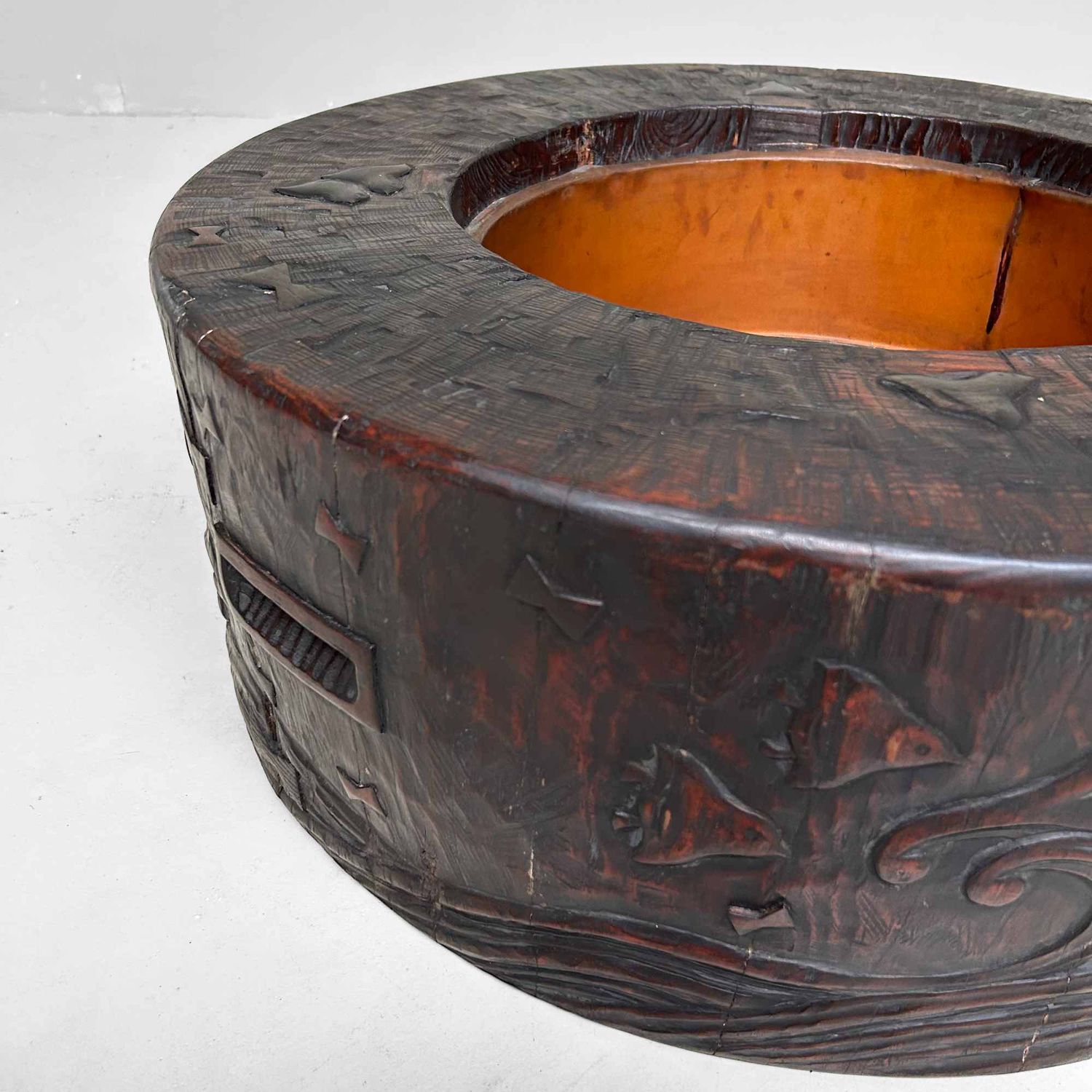 Large Wood Carved Antique Hibachi, Meiji Period, Japan.