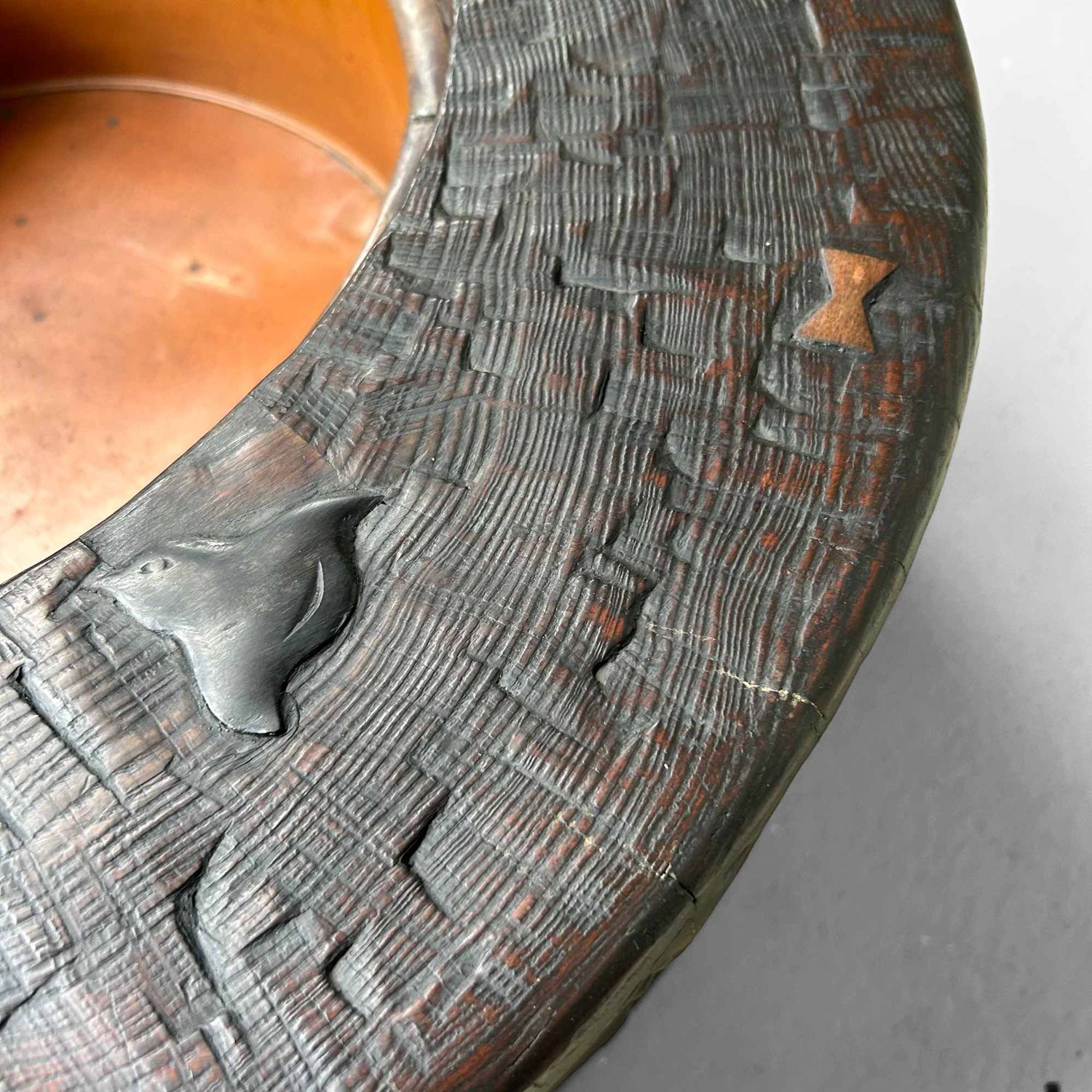 Large Wood Carved Antique Hibachi, Meiji Period, Japan.