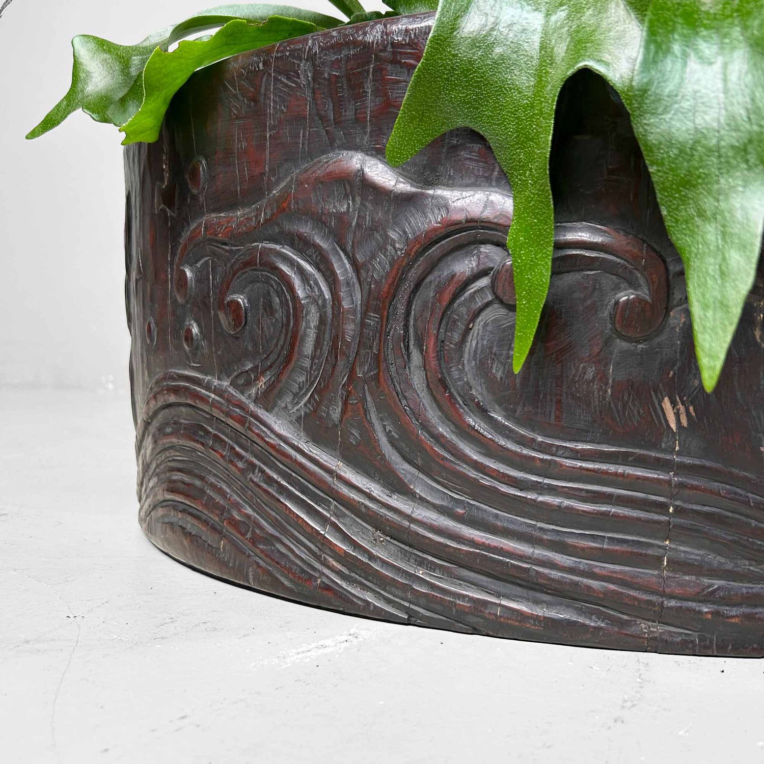 Large Wood Carved Antique Hibachi, Meiji Period, Japan.