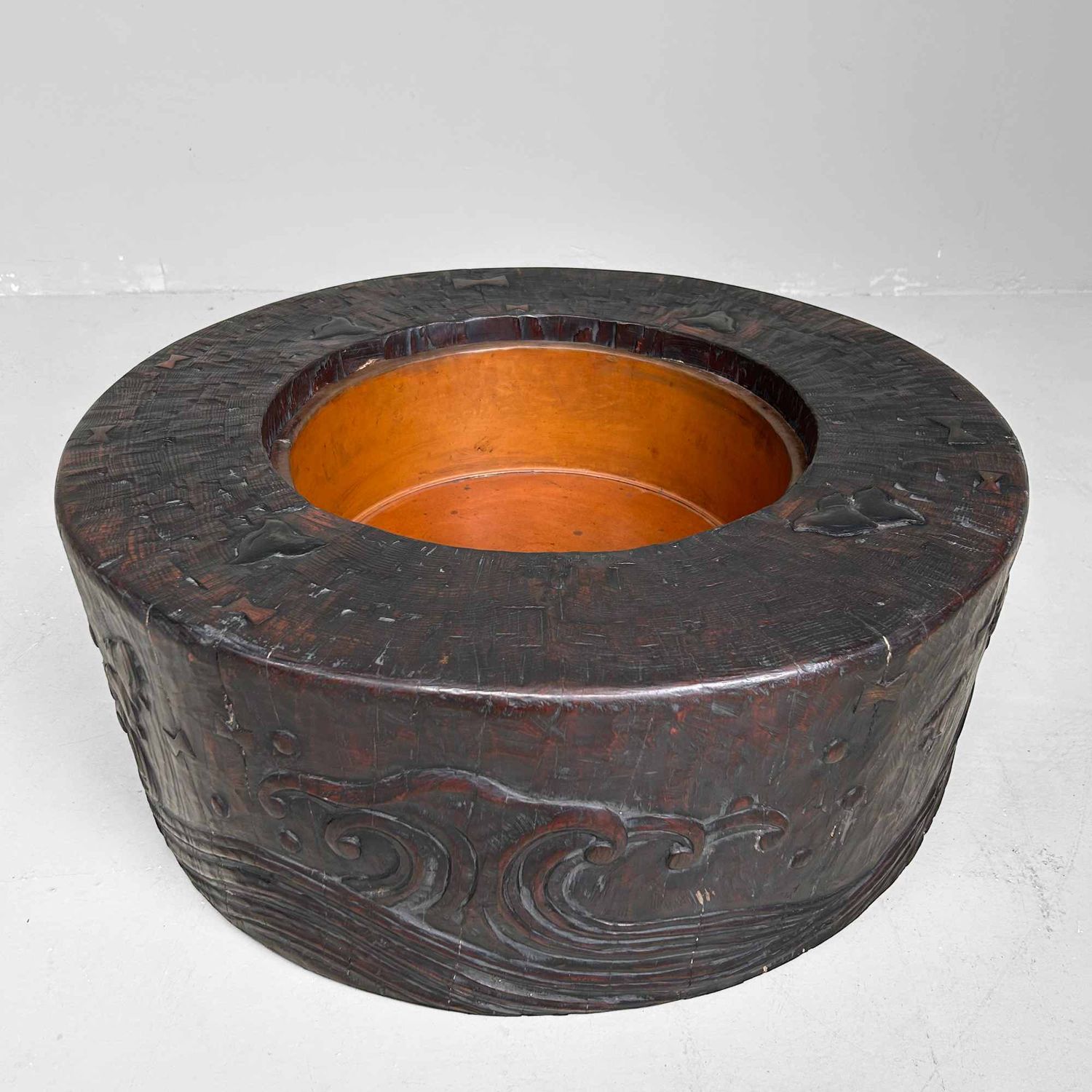 Large Wood Carved Antique Hibachi, Meiji Period, Japan.