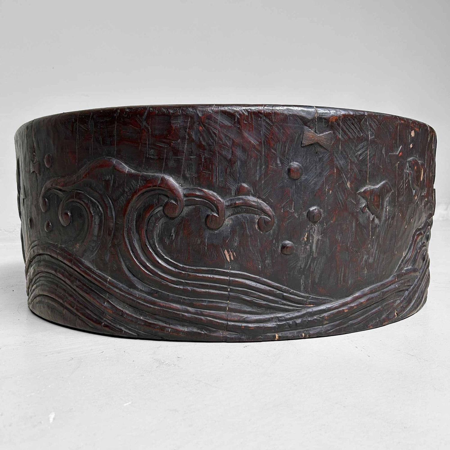 Large Wood Carved Antique Hibachi, Meiji Period, Japan.