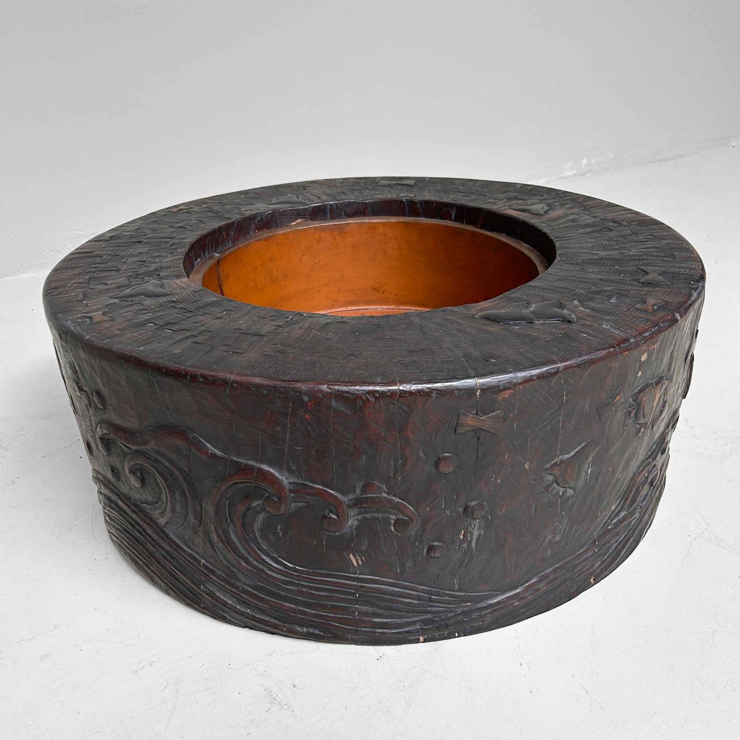 Large Wood Carved Antique Hibachi, Meiji Period, Japan.