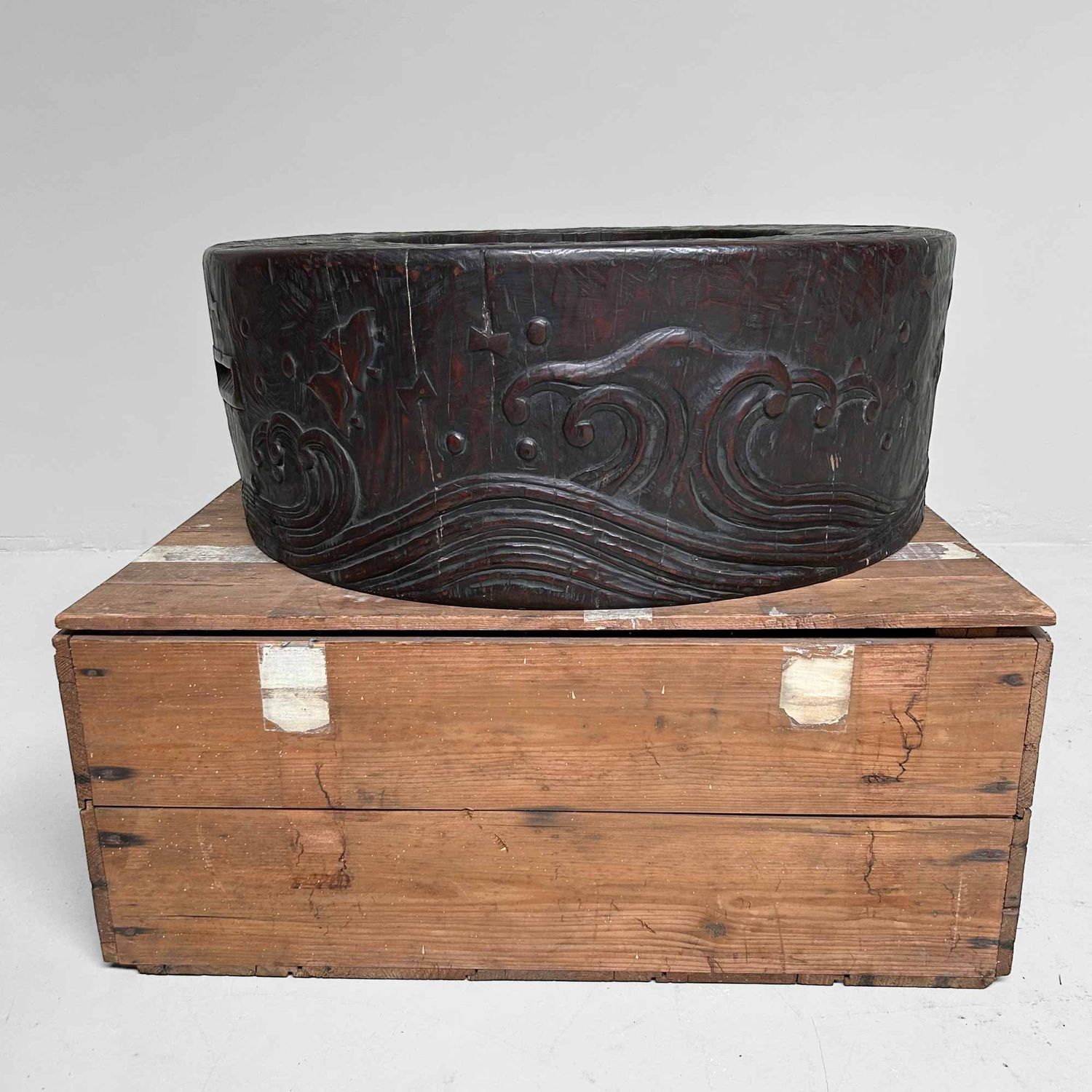 Large Wood Carved Antique Hibachi, Meiji Period, Japan.