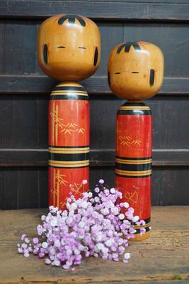 Set of 2 Vintage Traditional Kokeshi by Kawamura Shoji, 'Bamboo', Japan.