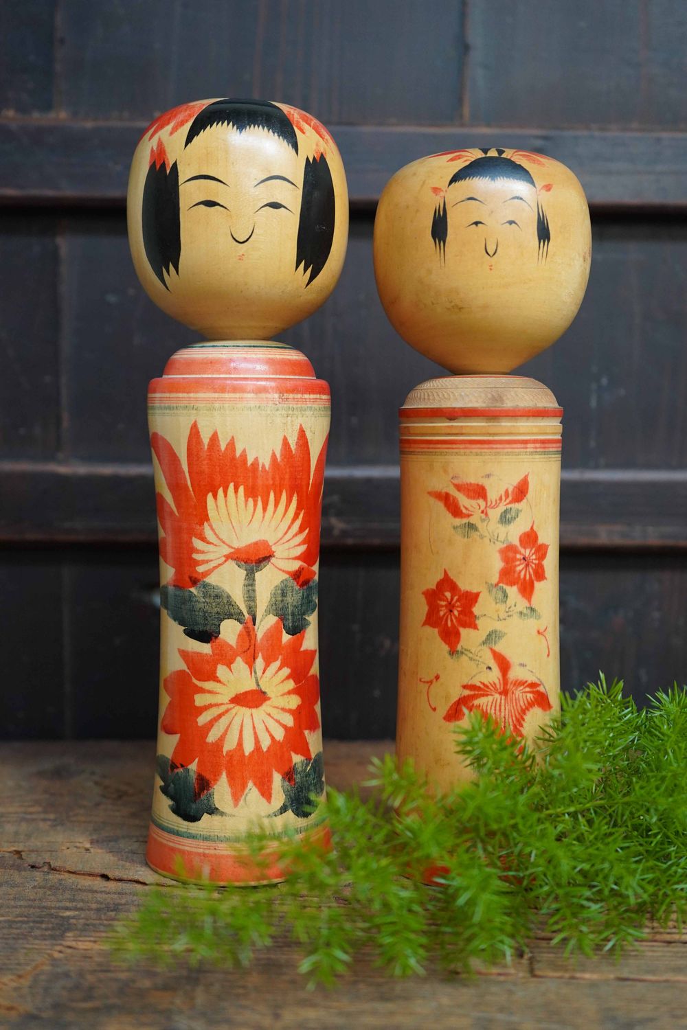 Set of 2 Vintage Traditional 'Narugo' Kokeshi by Yusa Fukuju and Sakurai Shoji, prefecture Miyaka, Japan.