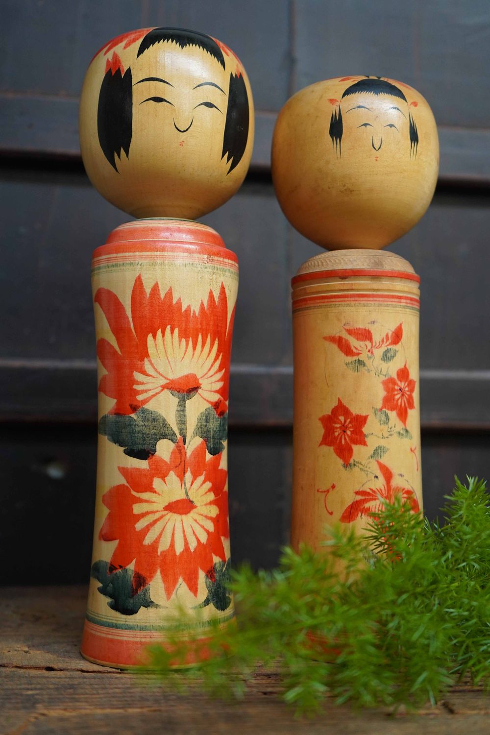 Set of 2 Vintage Traditional 'Narugo' Kokeshi by Yusa Fukuju and Sakurai Shoji, prefecture Miyaka, Japan.