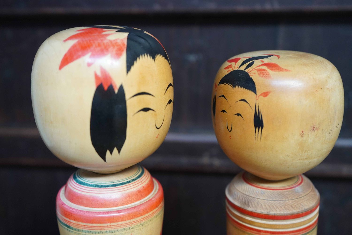 Set of 2 Vintage Traditional 'Narugo' Kokeshi by Yusa Fukuju and Sakurai Shoji, prefecture Miyaka, Japan.