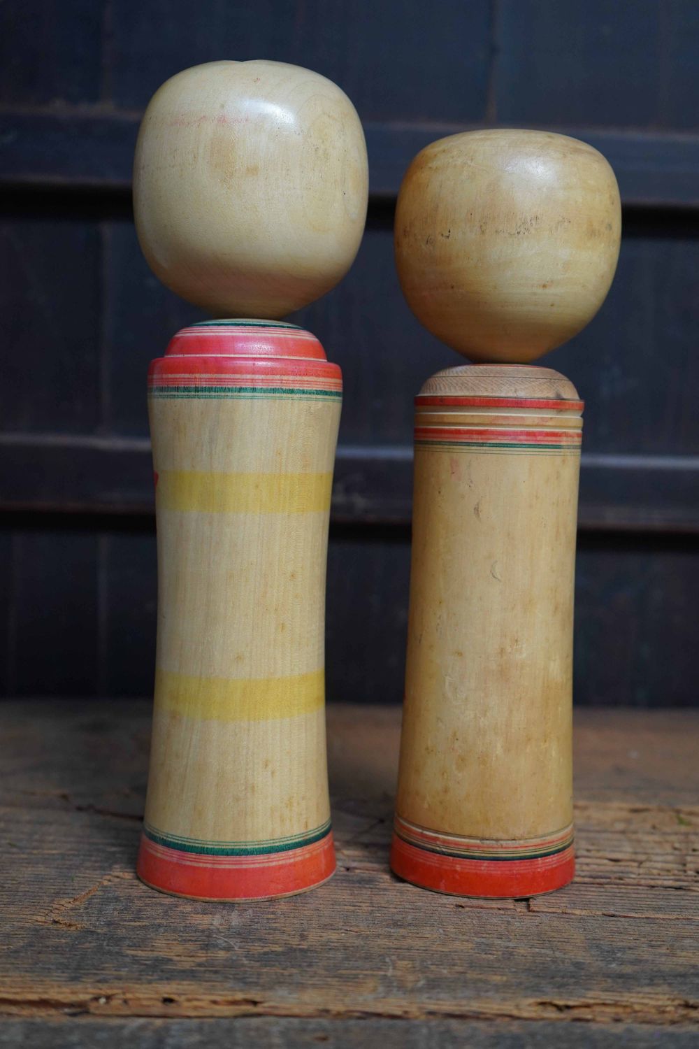 Set of 2 Vintage Traditional 'Narugo' Kokeshi by Yusa Fukuju and Sakurai Shoji, prefecture Miyaka, Japan.