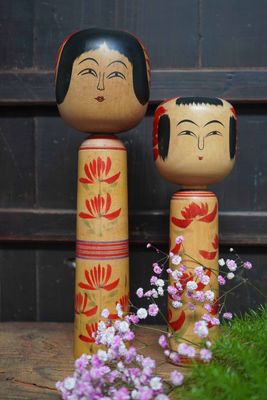Set Vintage Traditional 'Hijiori' Kokeshi by Sato Jyunosuke and Sato Shoichi, Japan.