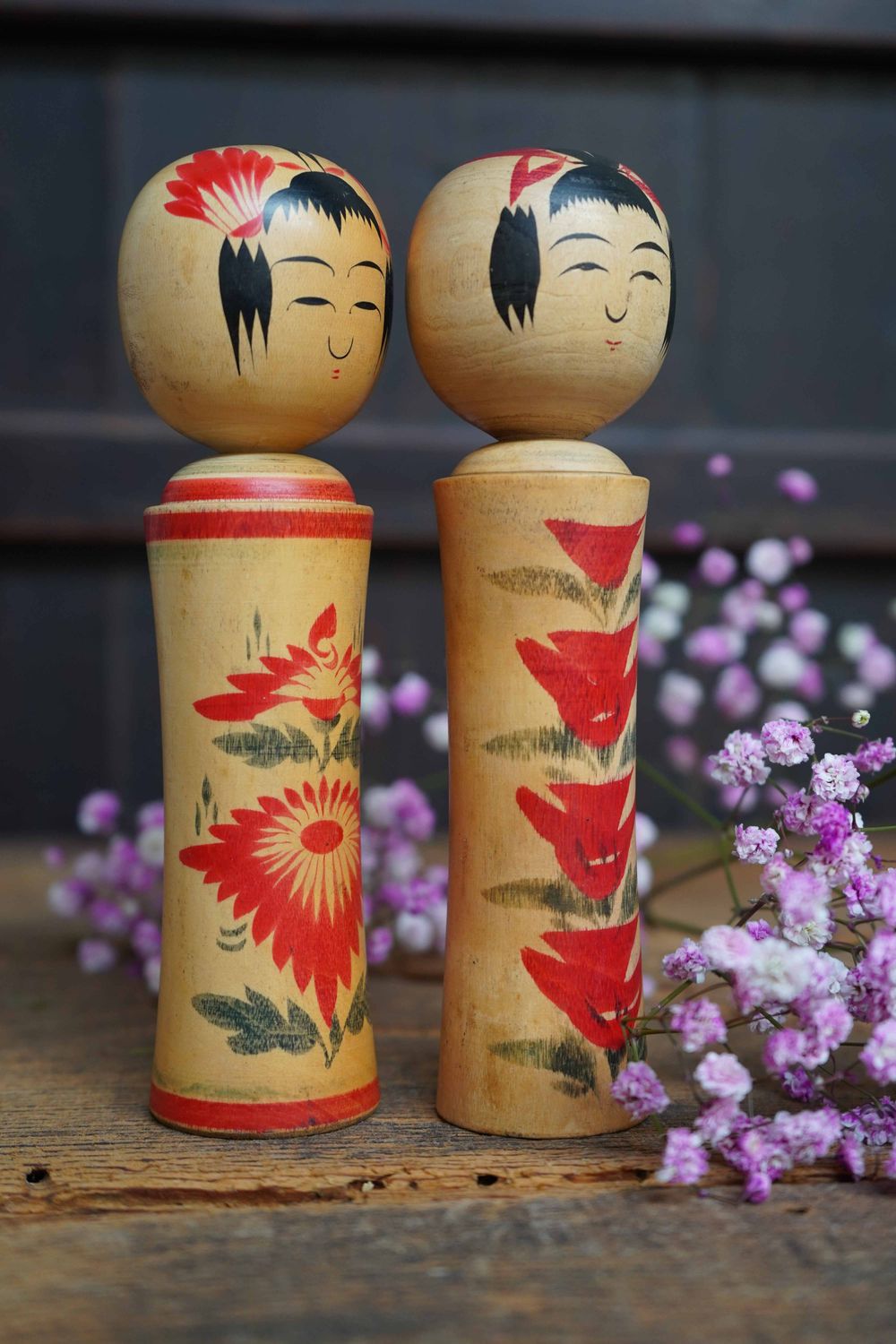 Set Vintage Traditionele 'Narugo' Kokeshi door Okazaki Seishi, jaren '70, Japan.