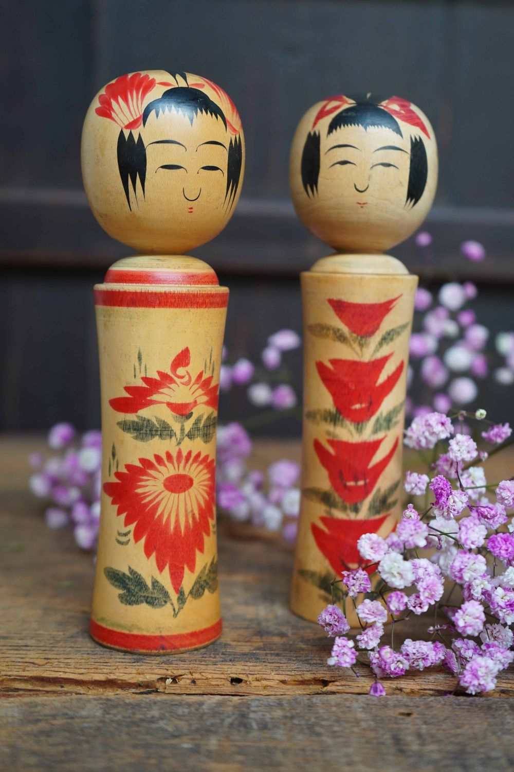 Set Vintage Traditionele 'Narugo' Kokeshi door Okazaki Seishi, jaren '70, Japan.