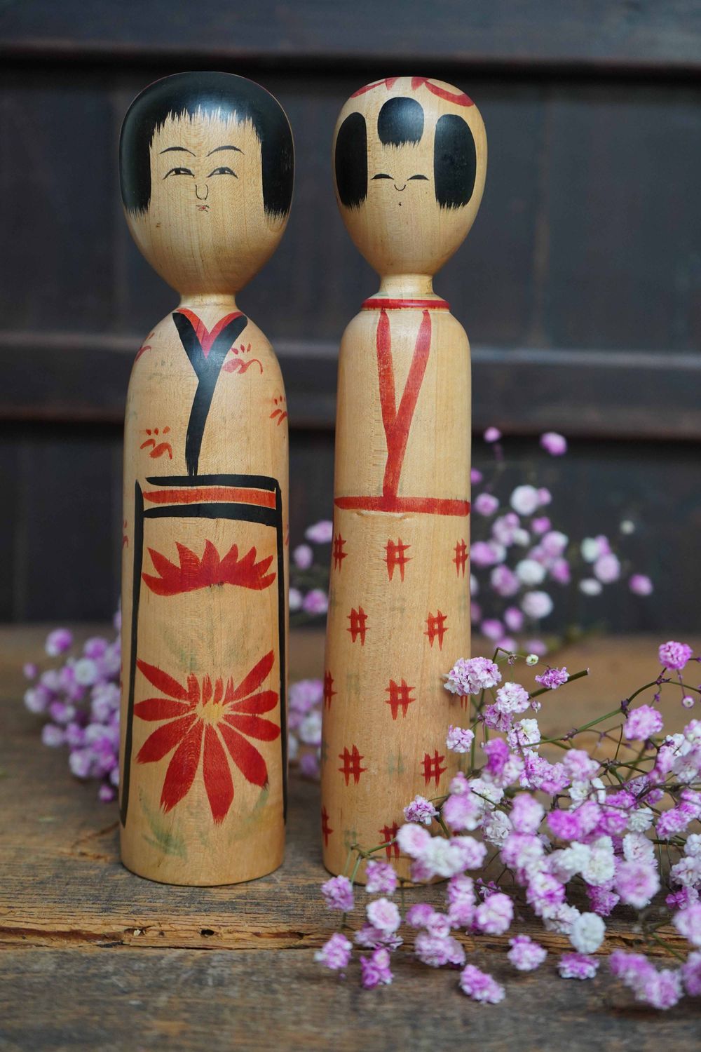 Set Vintage Traditionele 'Kijiyama' Kokeshi door Abe Heishiro, Japan.