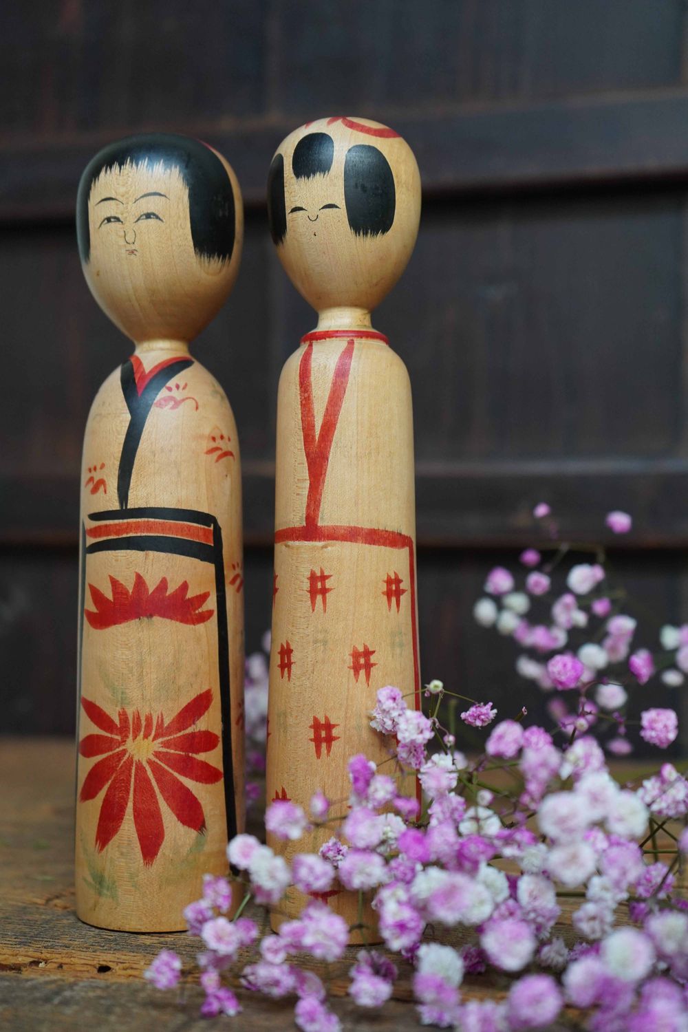 Set Vintage Traditionele 'Kijiyama' Kokeshi door Abe Heishiro, Japan.