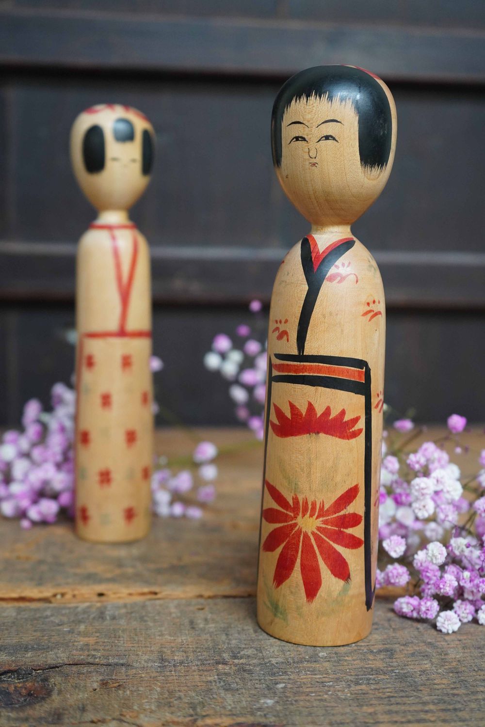 Set Vintage Traditionele 'Kijiyama' Kokeshi door Abe Heishiro, Japan.