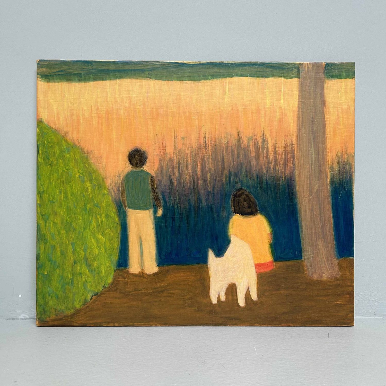 'Man en Vrouw met Hond', Olieverf op Canvas door Makoto Igarashi,  Shōwa-periode, Japan.