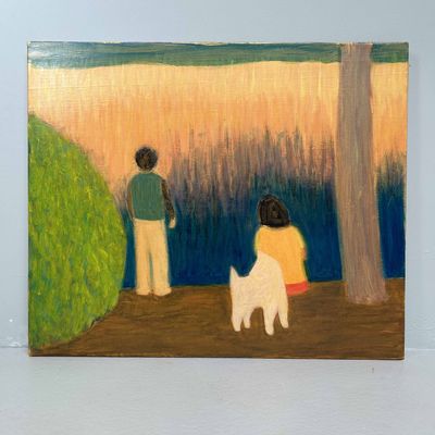 "Man and Woman with Dog", Oil on Canvas by Makoto Igarashi, Shōwa Period, Japan.