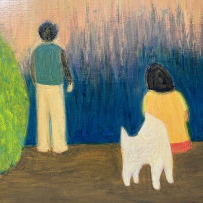 "Man and Woman with Dog", Oil on Canvas by Makoto Igarashi, Shōwa Period, Japan.