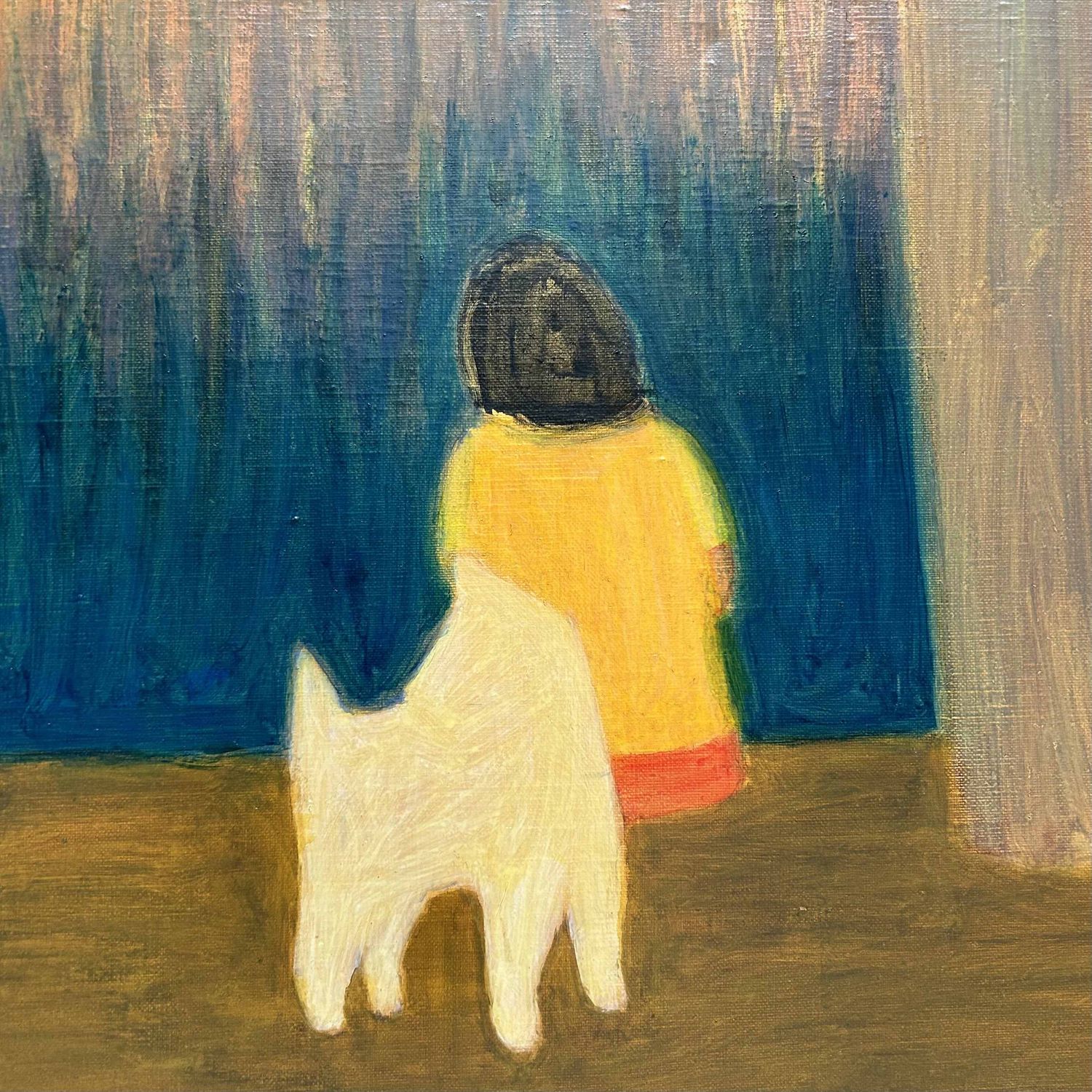 'Man en Vrouw met Hond', Olieverf op Canvas door Makoto Igarashi,  Shōwa-periode, Japan.