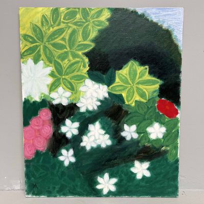 "White and Red Flowers", Oil on Canvas by Makoto Igarashi, Shōwa Period, Japan.