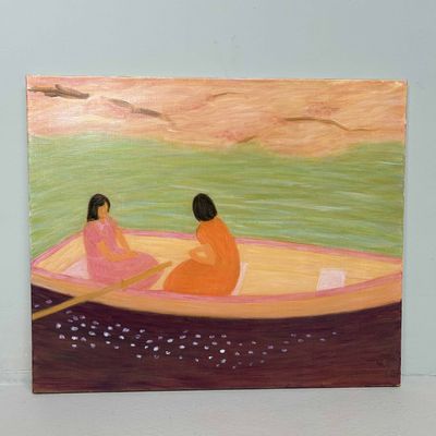 Two Women in a Boat," Oil on Canvas by Makoto Igarashi, Shōwa period, Japan.